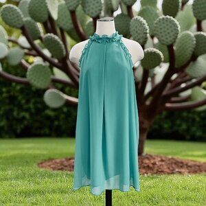 BCBG Generation Turquoise Halter Neck Shift Dress Sleeveless Chiffon Ruffle Trim
